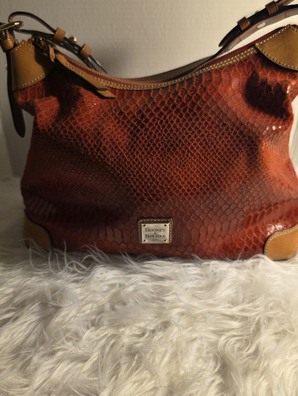 Dooney & Bourke Rust Red Embossed Python-Style Shoulder Bag with Tan Trim